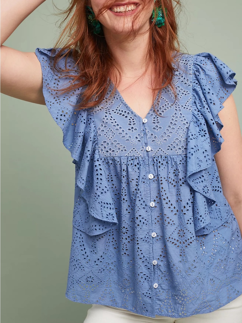 Anthropologie Ranna Gill Berringer Eyelet Blouse Size Medium Blue Ruffle